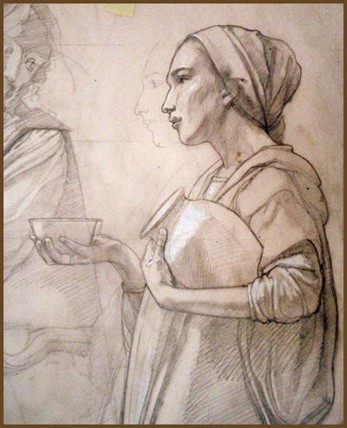 Drawing of a woman holding a bowl and a water-jar