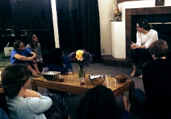 Dr. Gardner speaks to the women in St. Bernard Residence Hal