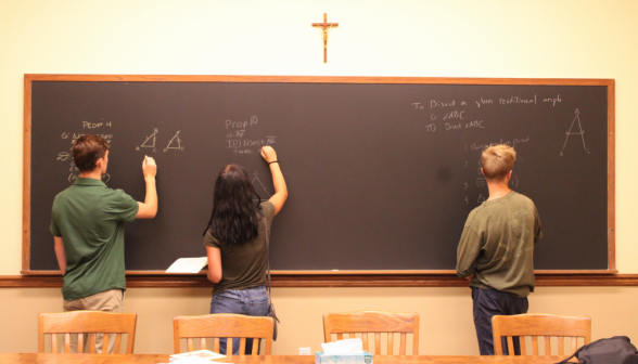 At the blackboard, students practice Euclid Book I, props 4, 10, and 9, respectively