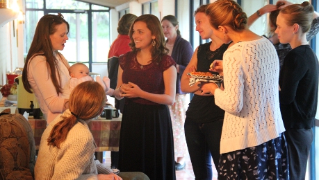 Mrs. Sullivan and Annie meet with students in the Doheny Hacienda.