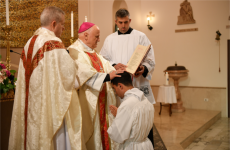 The Most Rev. Gino Reali, Bishop of Porto-Santa Rufina, ordains Br. Matthew Maxwell (‘08) to the transitional diaconate.