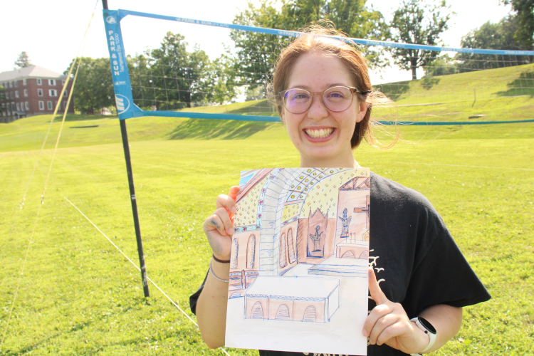 Student with drawing of the NE chapel