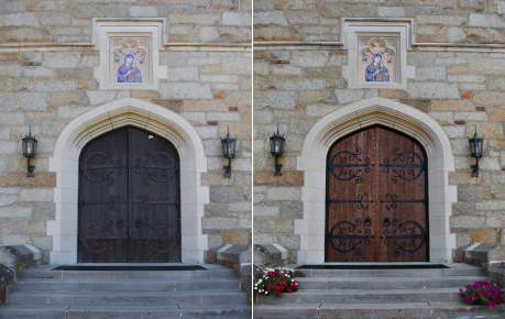Before and after images of the front doors of Our Mother of 