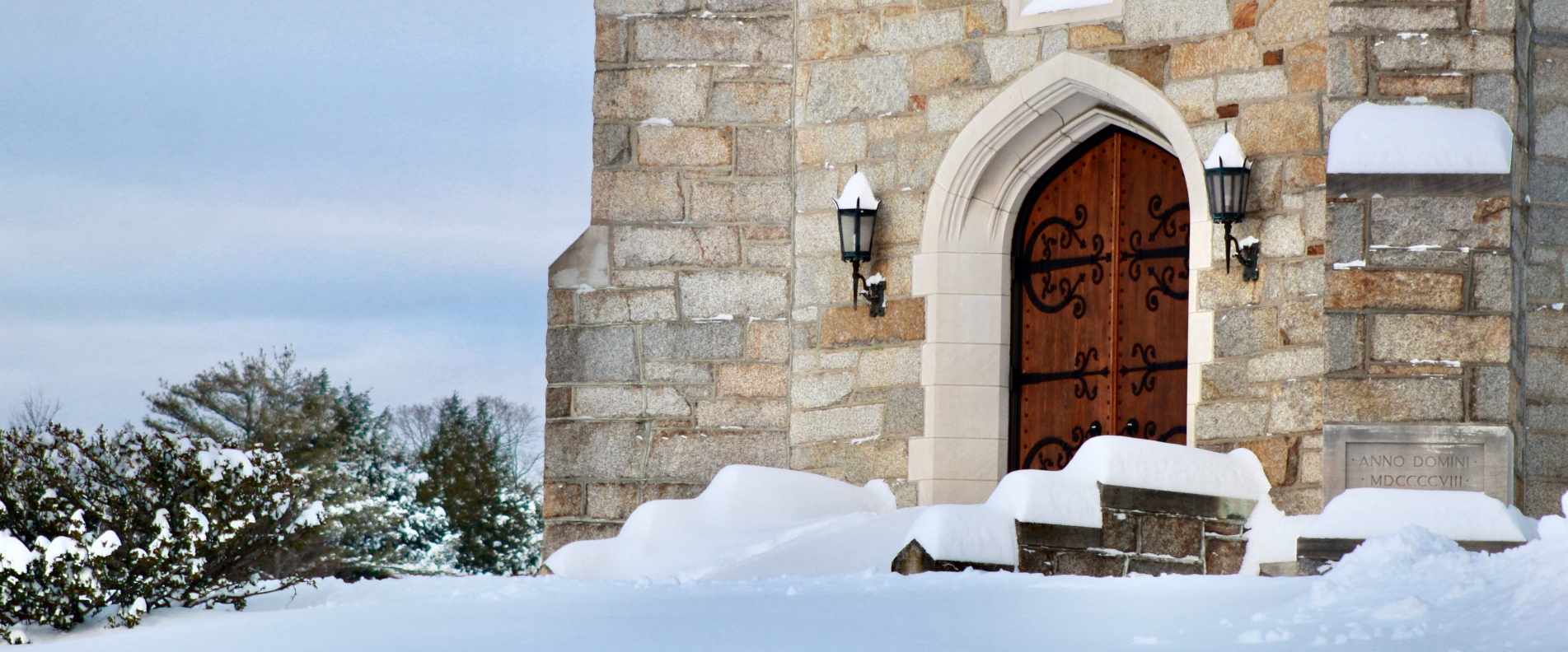 NNew England Chapel door in the snow