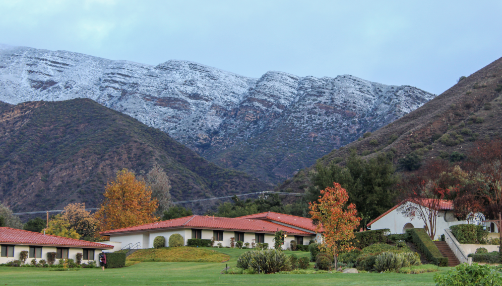 Snow on the mountains over the California campus