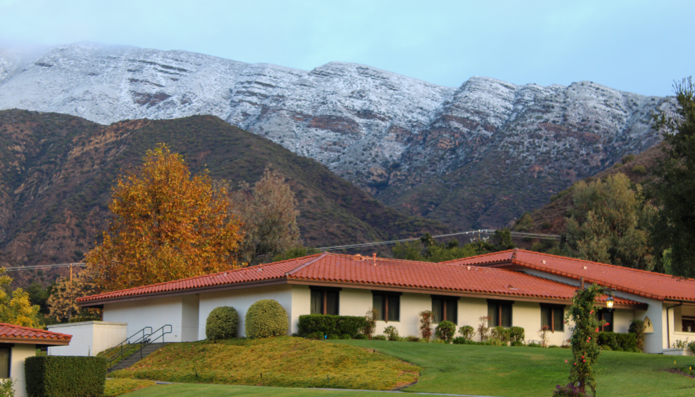 Snow on the mountains over the California campus