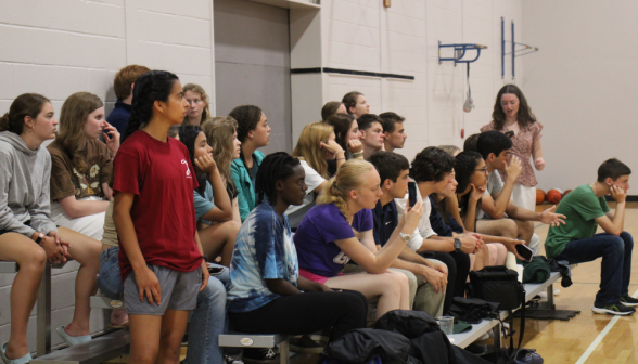 Students look on from the bleachers