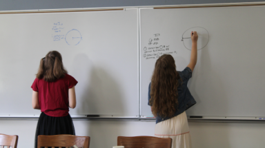 Two students demonstrating a proposition