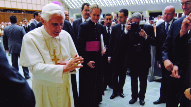 Pope Benedict XVI blesses the cornerstone of Our Lady of the Most Holy Trinity Chapel