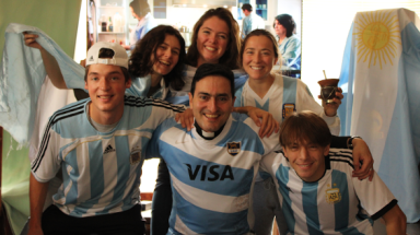 Fr. Jorge cheers with other Argentina fans