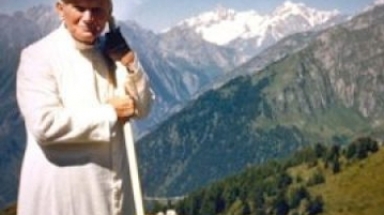 Pope St. John Paul II hiking with mountains in the backgroun
