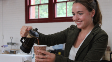 Mary OReilly brews coffee in the Tracy Student Center - 2020